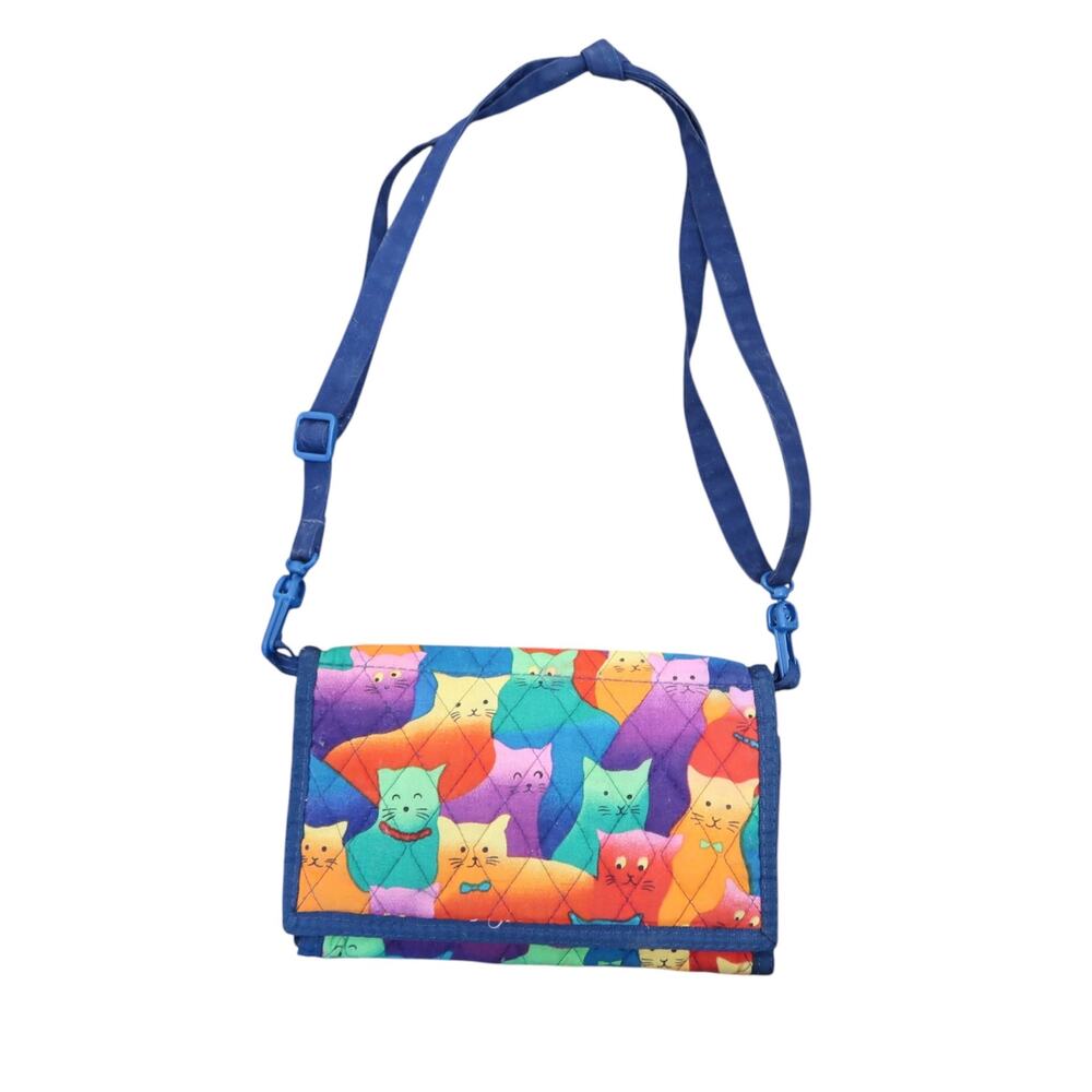 Vintage 90s Linda Tilson Colorful Cat Print Purse Wallet Crossbody Bag
